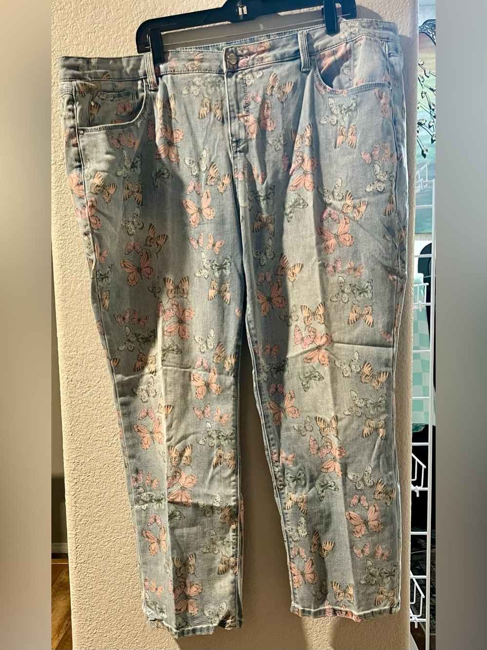 Laurie Felt Light Blue Skinny Jeans with Pink & Green Butterfly Print